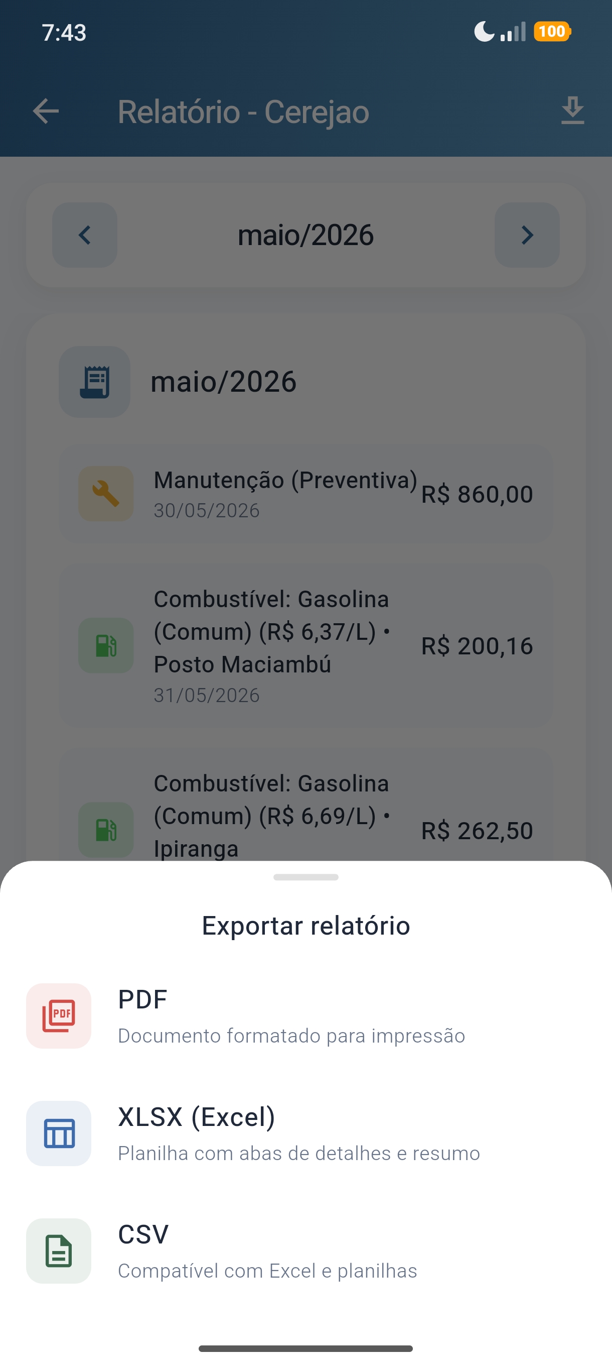 Opções de exportação de relatório em PDF, XLSX e CSV no AutoVida